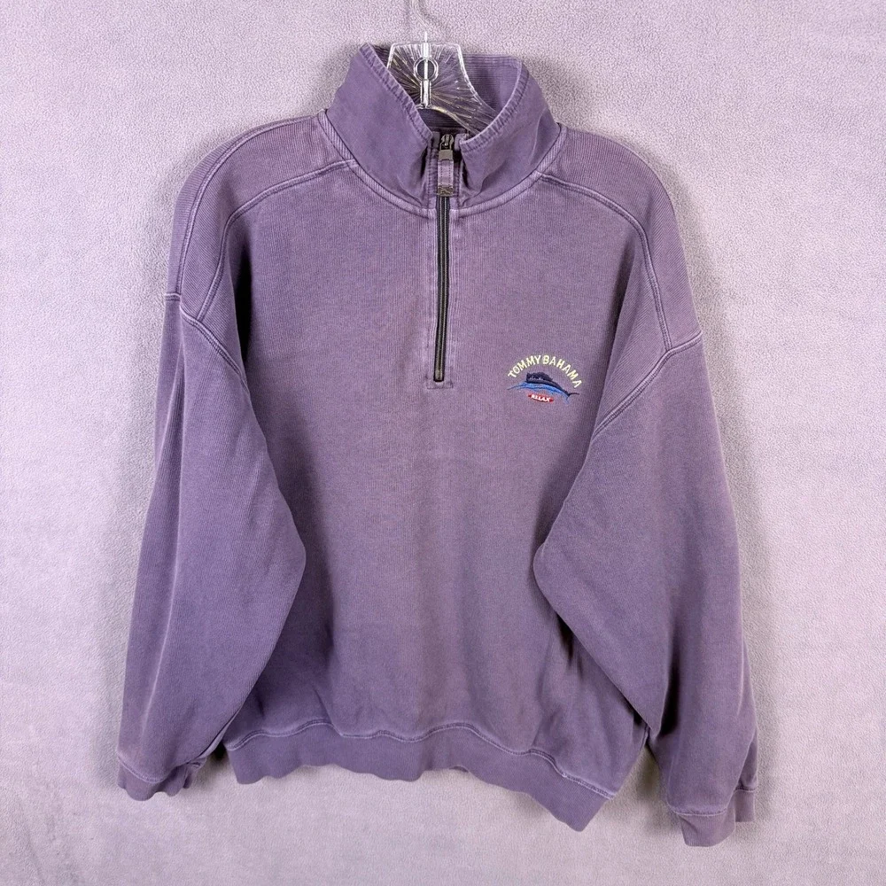 VTG Tommy Bahama Quarter Zip Pullover Men L Purple Relax Marlin Logo Sunwashed